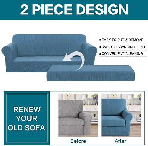 Vista 269 de Turquoize - Funda elástica para sofá de 2 piezas y 3 cojines, funda protectora lavable con elástico en la parte inferior, tela jacquard gruesa