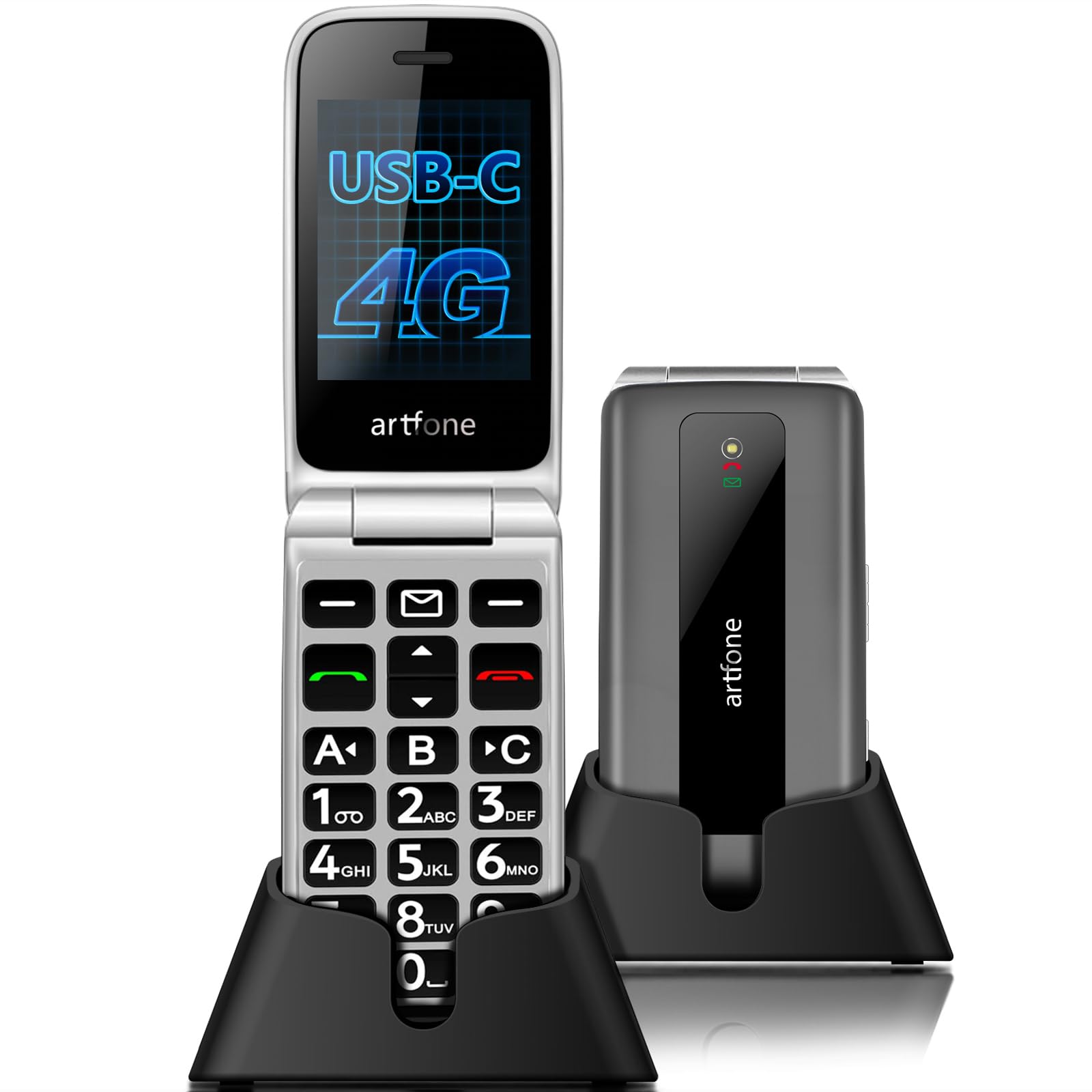 artfone F30 4G SIM-Free & Unlocked Mobile Phones, Flip Phone, Basic Big Button Mobile Phones for Elderly with 2.4" Display, SOS Button, Talking Numbers, Time Reporting, USB-C, Torch, Charging Dock