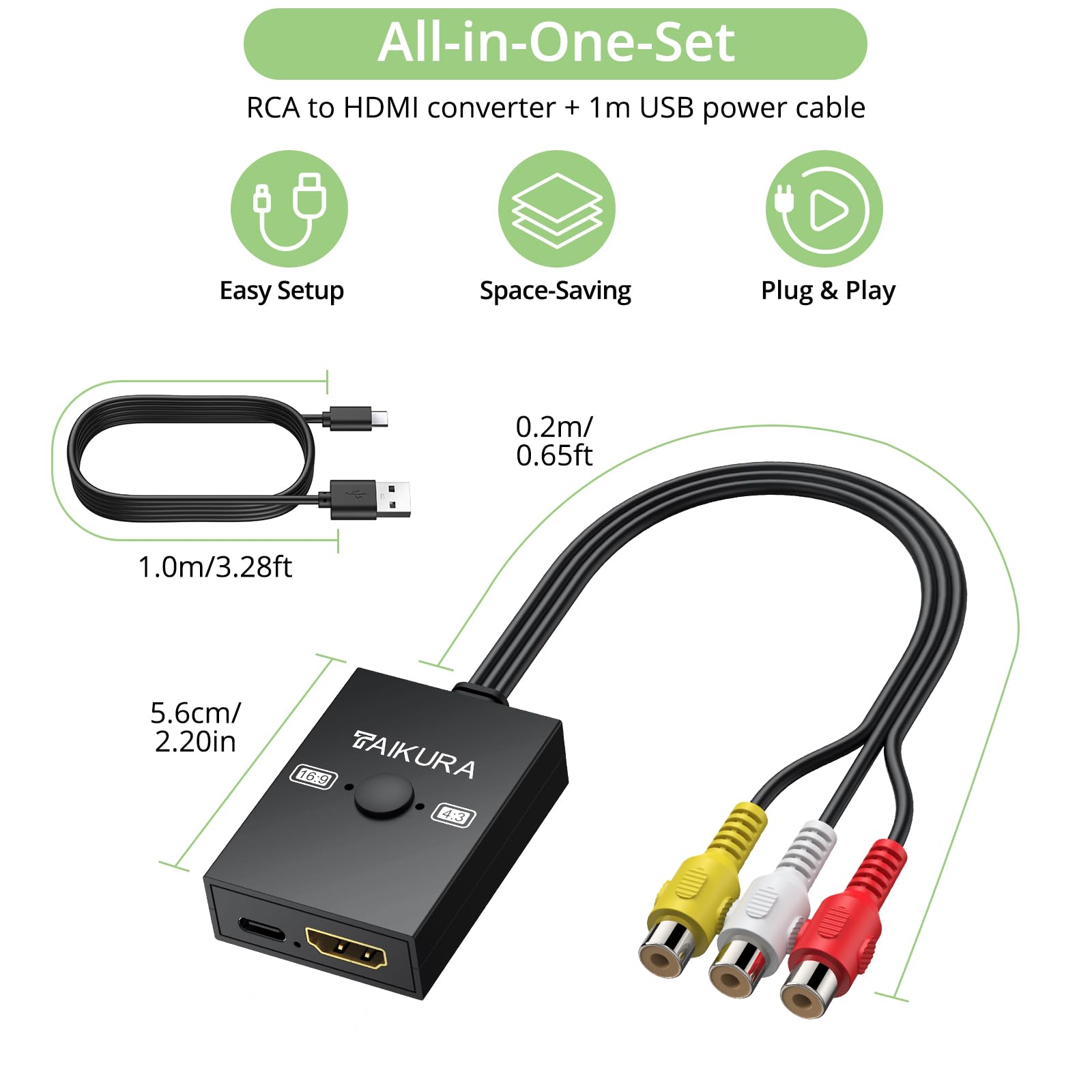 RCA to HDMI Converter with 4:3/16:9 Switch, 1080P AV Composite Video Adapter with USB Cable, Supports PAL/NTSC for Wii PS2 DVD VHS to HDTV or Monitor — view 6