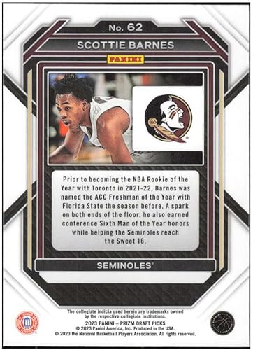 Miniatura 2 de SCOTTIE BARNES 2023-24 Panini Prizm Draft Picks #62 NM+-MT NBA Basketball NCAA