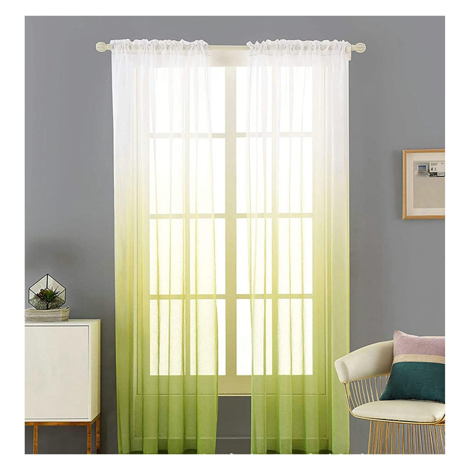 Cortinas para ventana verde degradado, translúcidas de poliéster para estudio, juego de 2