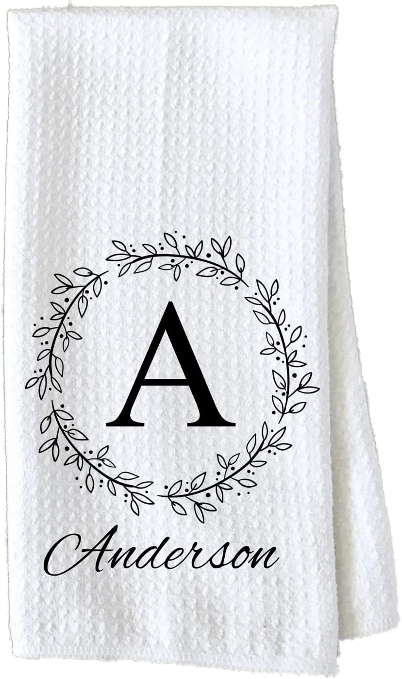 Personalized Kitchen Towel | Custom Tea Towel | Family Name Dish Towel | Kitchen Decor | Hand Towel | Housewarming Gift | Monogram Dishcloth (Wreath 5)