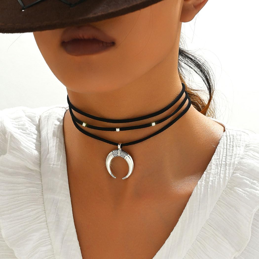 Boho Choker Necklace for Women Moon Pendant Necklace Black Layered Necklace Western Neck Jewelry - Image 3