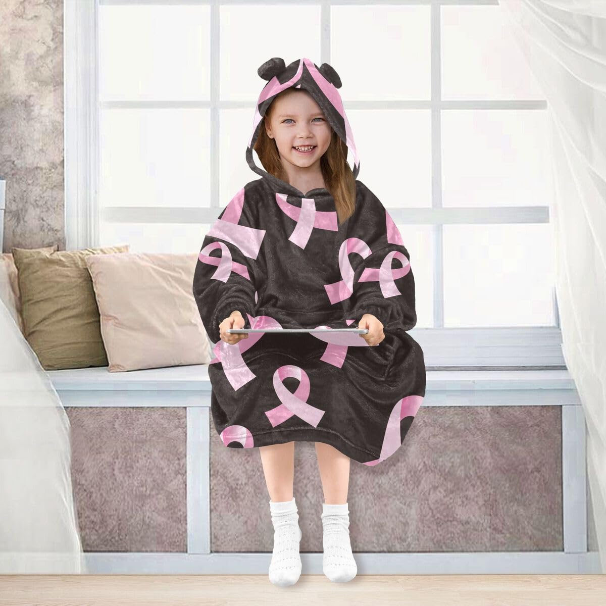 Różowa kokarda dziecięcy koc do noszenia bluza z kapturem oversize bluza koc sweter dla chłopców i dziewcząt w wieku 3-14 lat