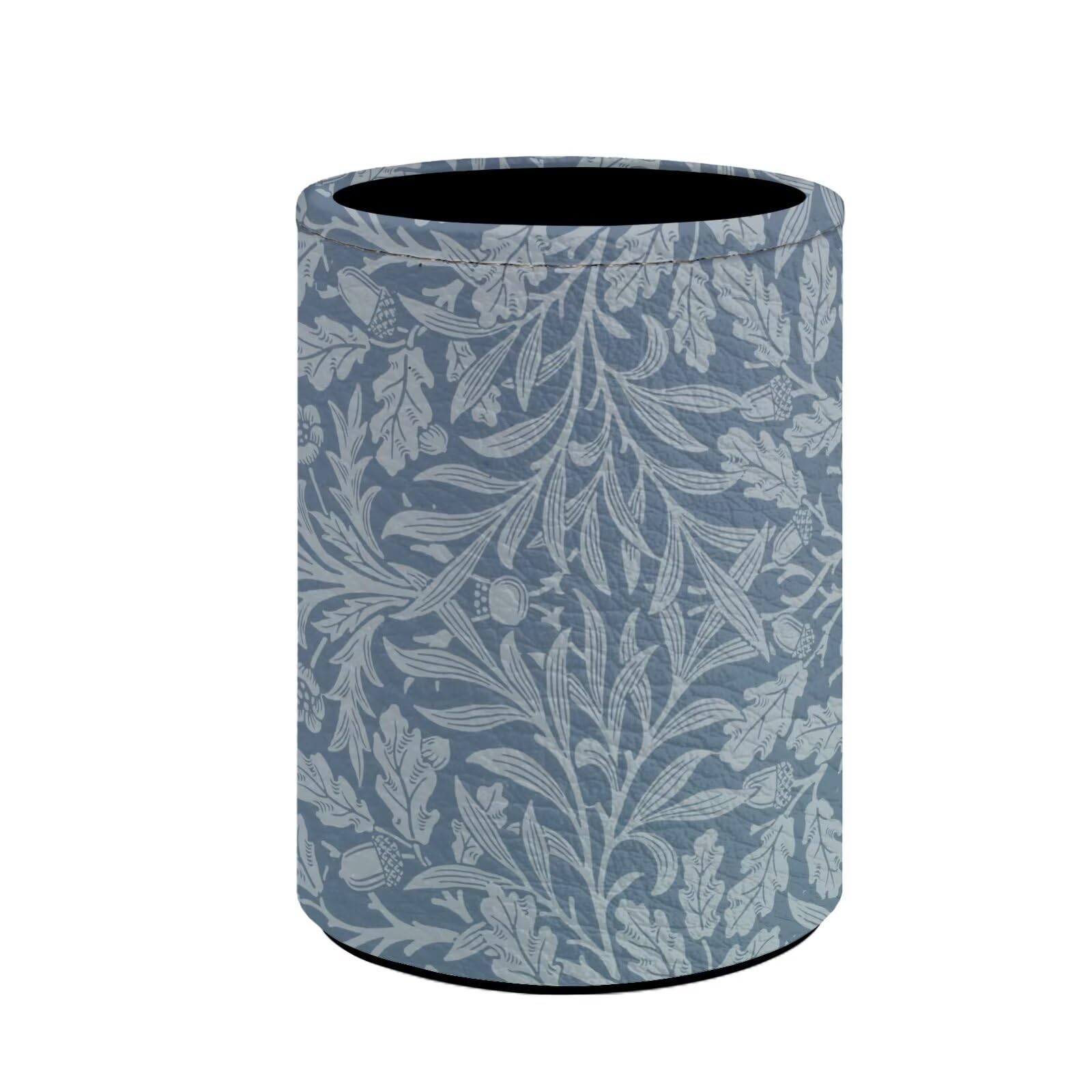 Buxolandt Blue Floral Leaf Textured Print Round Pencil Holder, Pen Holder for Desk for Desk, Storage for Pen and Makeup Brush Cosmetic, PU Leather Organizer Home Office Supplies