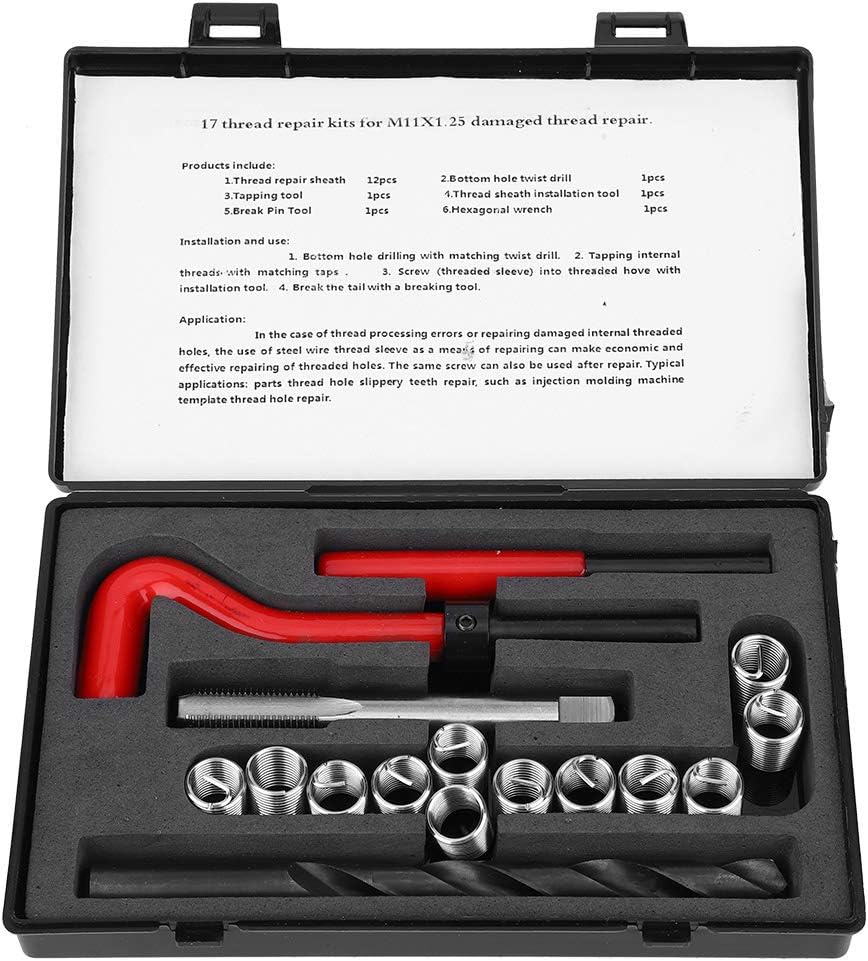 Hapivida Thread Repair Kit, M11x1.25 Metric Female Thread Repair Tool Kit with Spiral Drill, Tap, Wrench, 12 Inserts for Automotive Mechanical Repairs