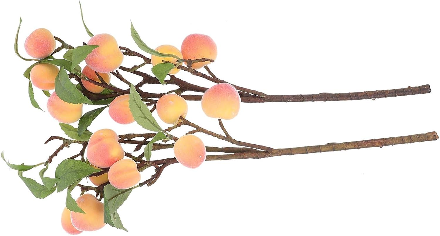 Artificial Peach Branches Simulation Fruit Stems, 2pcs Medium Faux Peach Tree Decor with Pink Color, Lifelike Artificial Fruit Branches for Home Table Centerpiece and Indoor Floral
