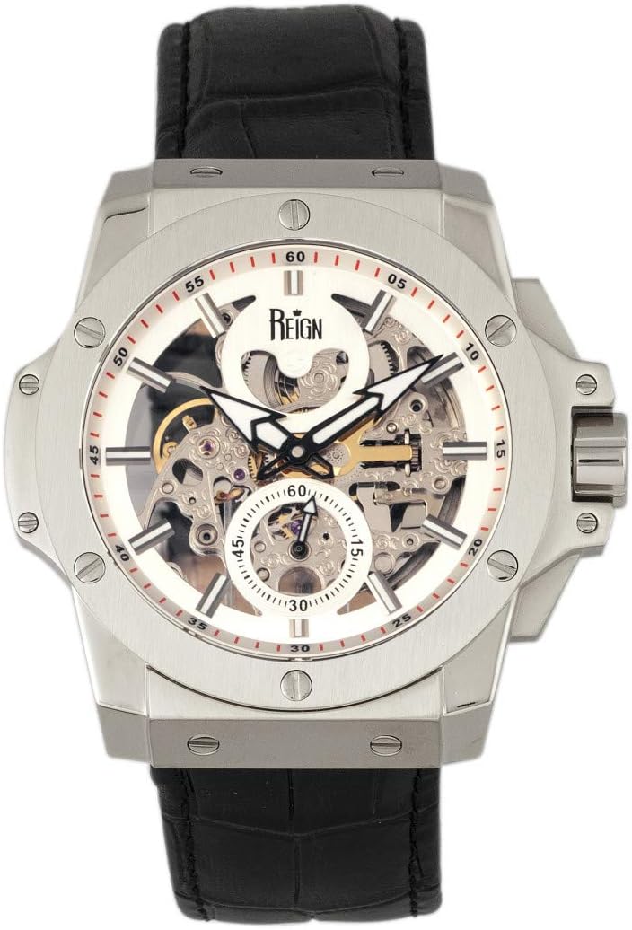 Commodus Automatic Skeleton Leather-Band Watch, Silver, One Size, REIRN4001
