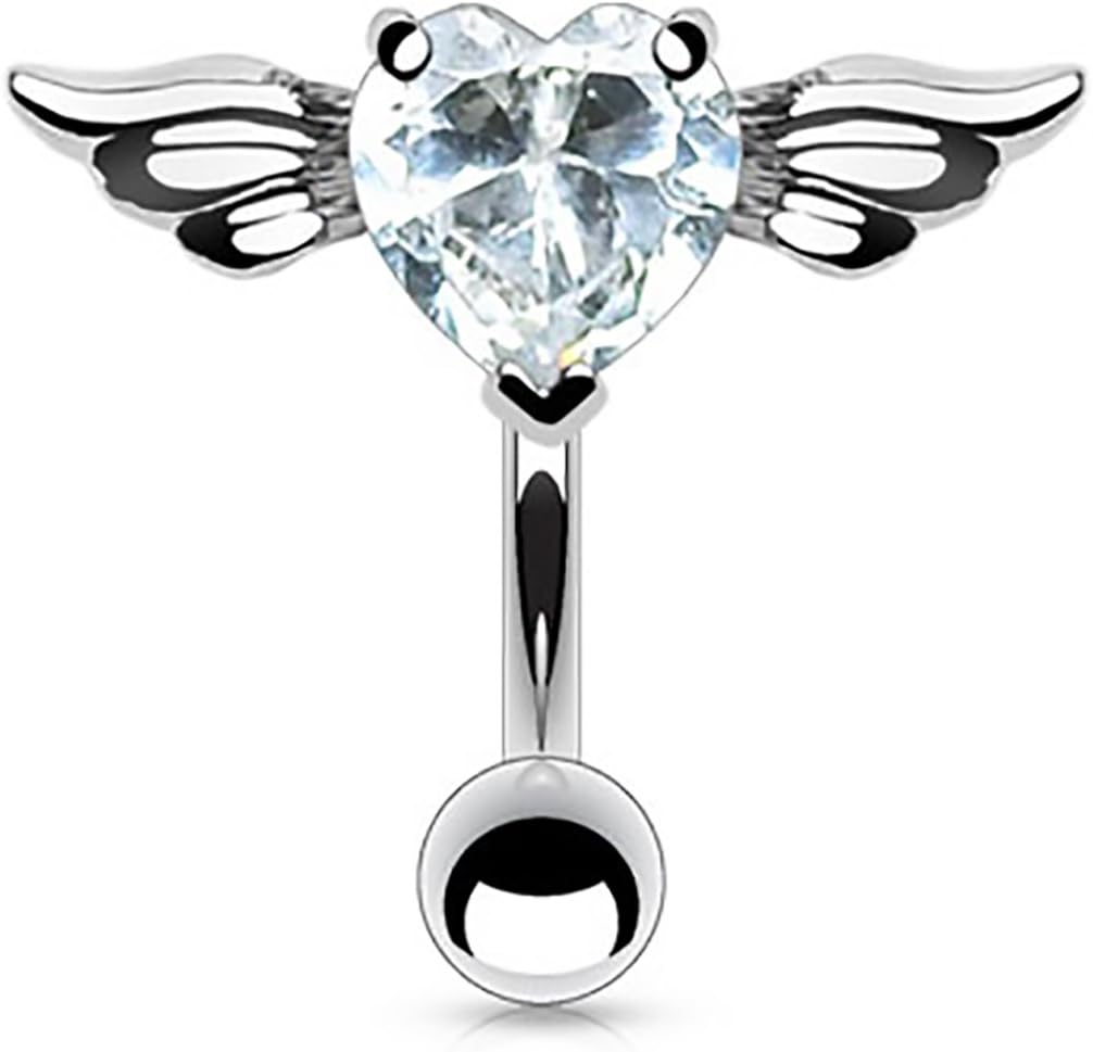 Body Accentz® Belly Button 316L 8mm Gem Navel with Angel Wings Heart CZ Dangle Body Jewelry Dangle 14g