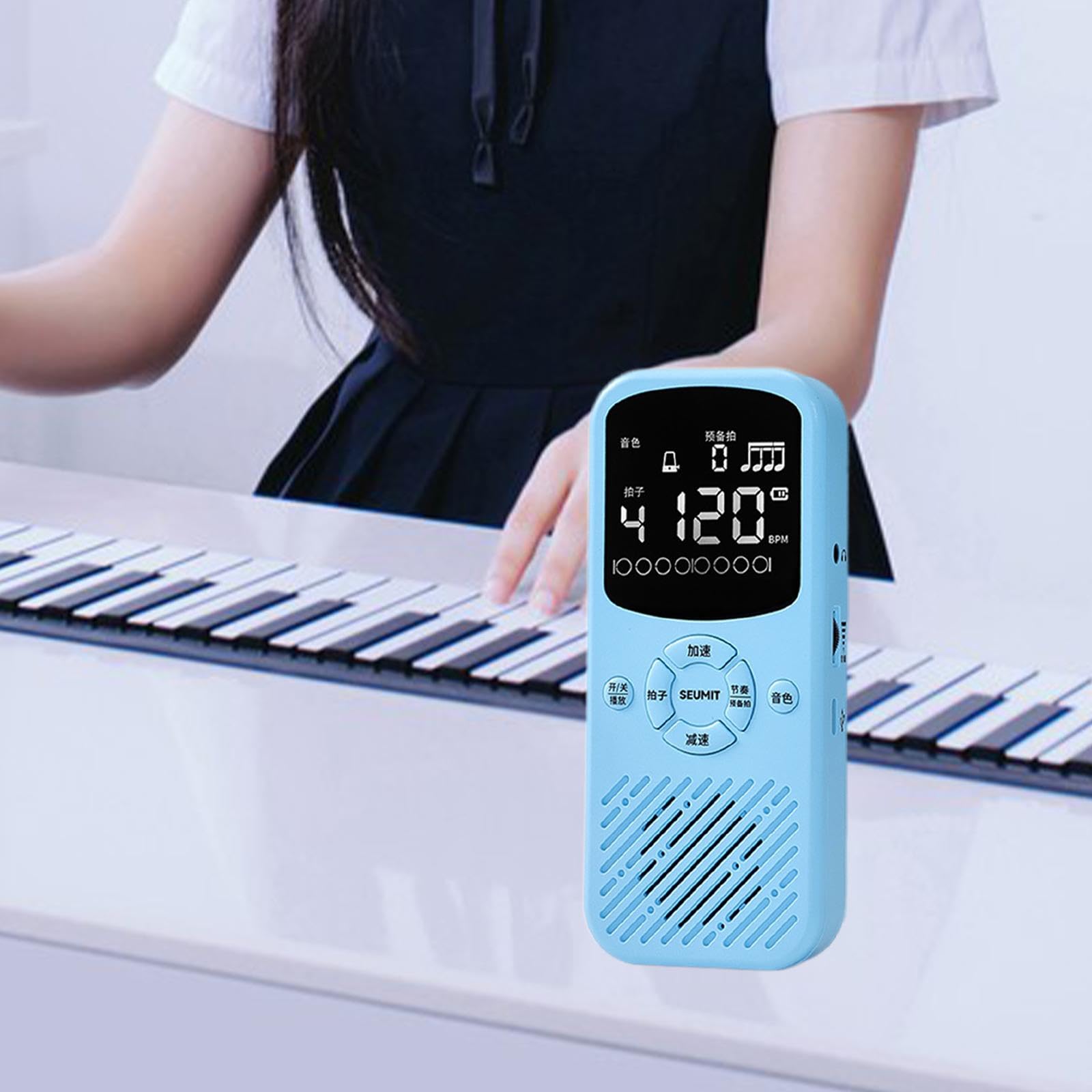 Metrónomo Electrónico Digital con Pantalla de Alta Definición, Volumen Ajustable, Múltiples Efectos de Sonido, Soporte Plegable, Ideal para Pianistas, Azul