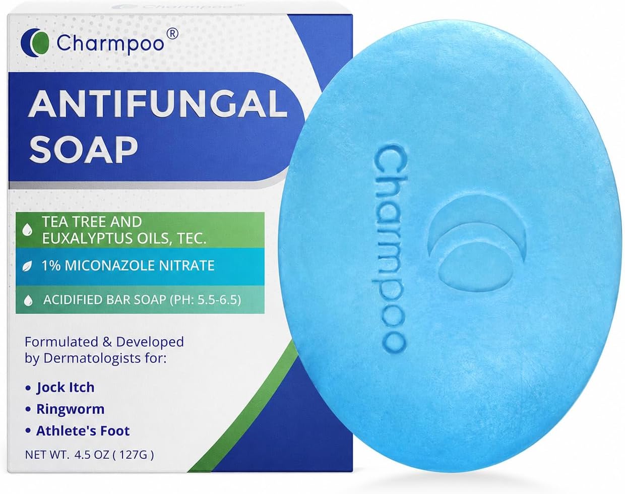 CHARMPOO Antifungal Body Soap for Active Lifestyle: Moisturizing pH-Balanced Cleansing Bar with Tea Tree, Shea Butter & Jojoba Oil, Daily Shower Soap for Post-Workout Sweat, Odor & Family Use, 127g