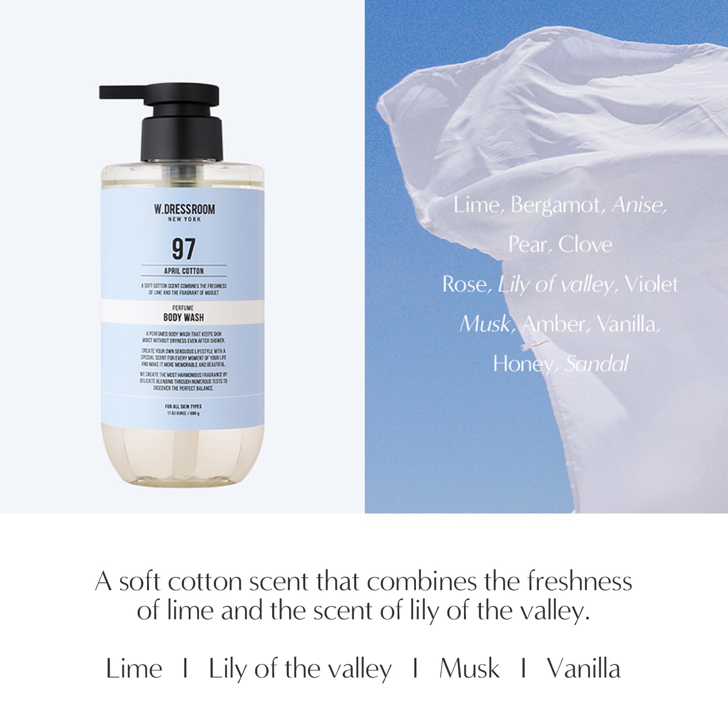 W.Dressroom No.97 April Cotton Perfumed Body Wash – Refreshing Citrus Musk Scent with Lime and Soft Vanilla, Moisturizing Shower Gel (16.9 fl oz) - Image 3