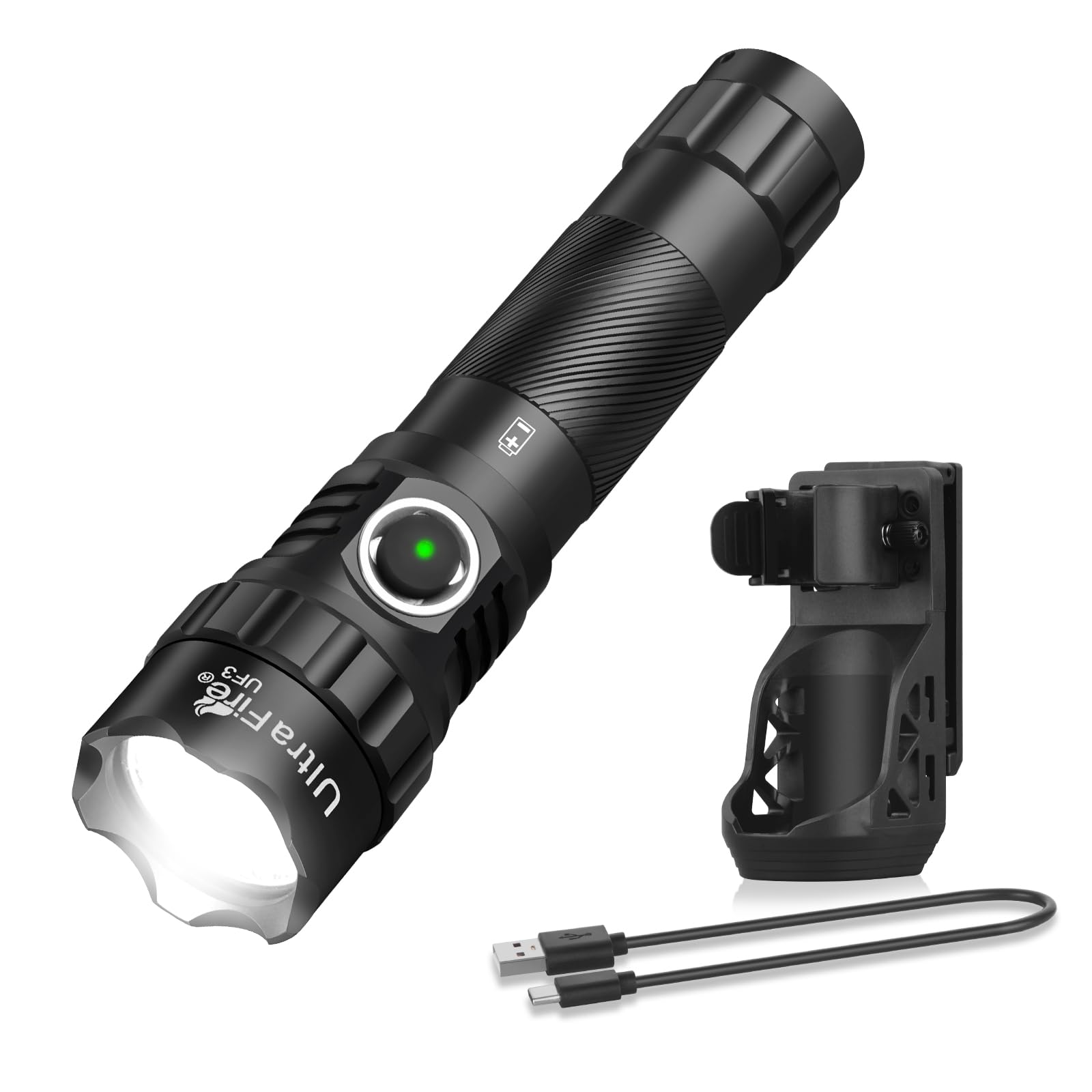 Ultrafire Black Tactical Torch With Holster, 1200 Lumen Rechargeable Led Torch With Duty Belt Holder, 3 Modes Police Flashlight For Law Enforcement, Patrols, Security, Emergency Uf3