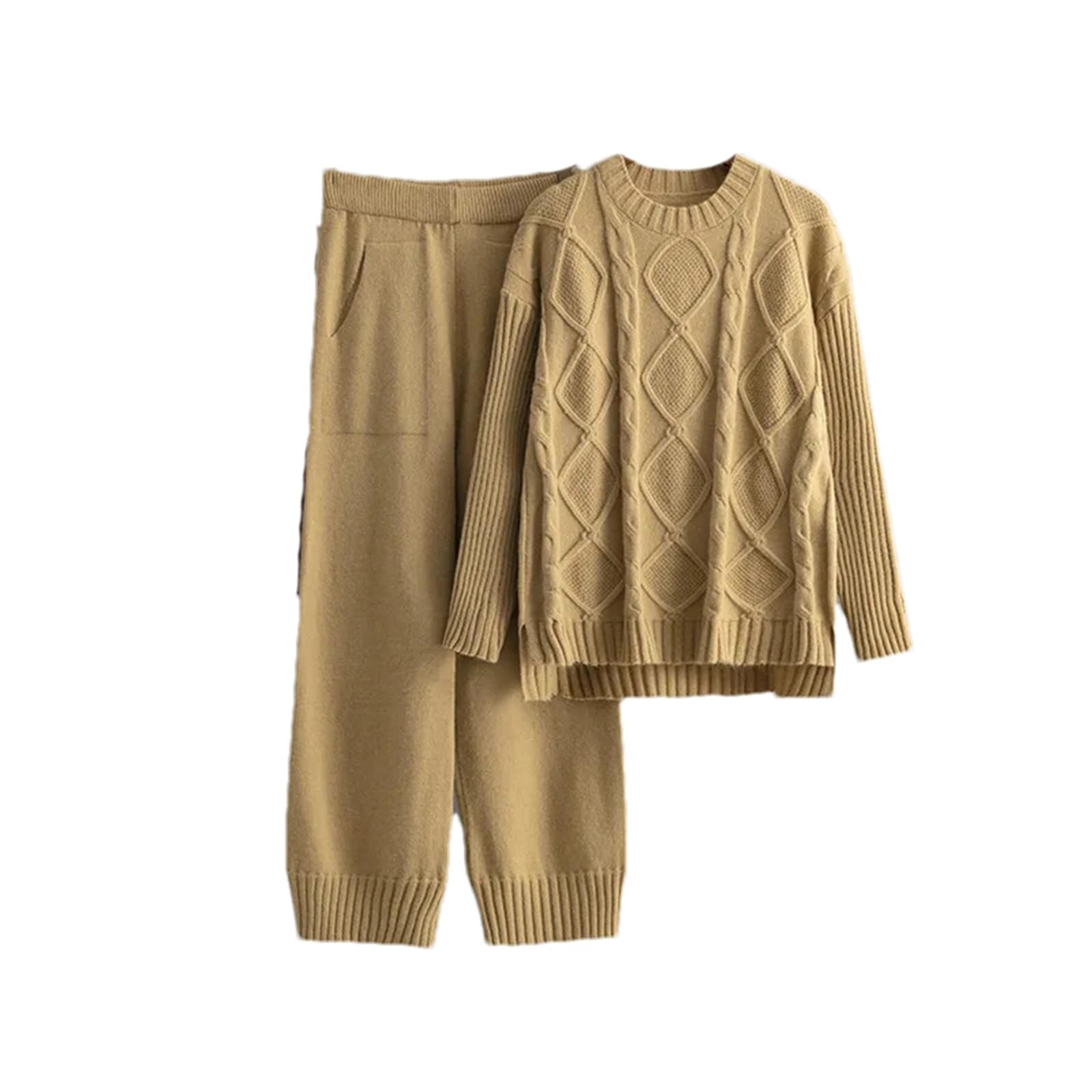 Maglia da donna con motivo a treccia, due pezzi con pantaloni a girocollo e pantaloni in maglia con elastico in vita, abbigliamento autunno/inverno