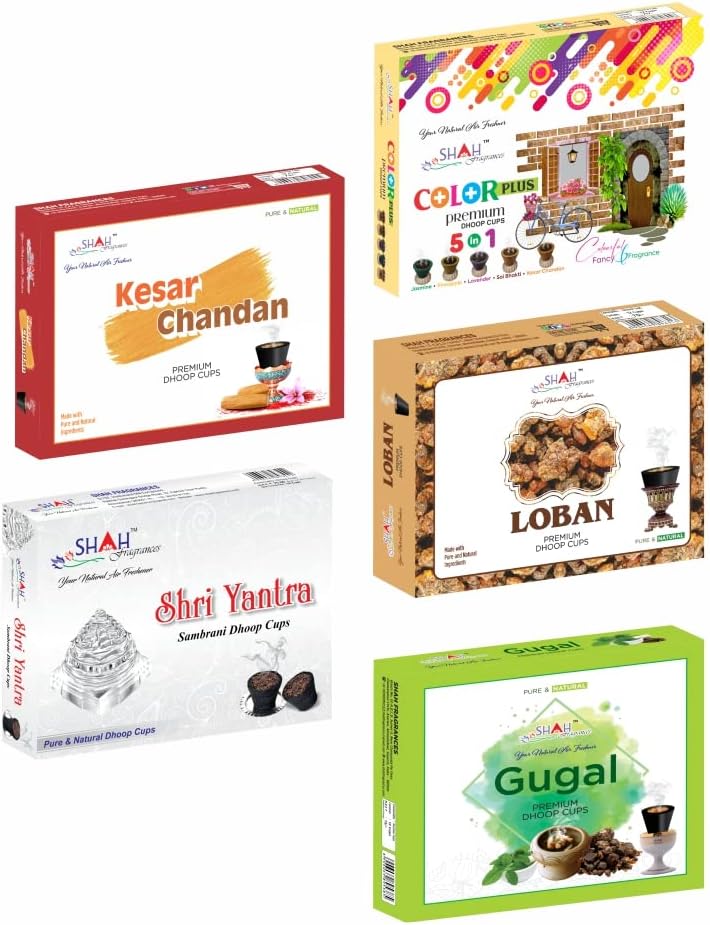- Shah Fragrances Premium Kesar Chandan | Color Plus | Loban | Shri Yantra | Gugal Cup Dhoops | Natural Incense Cups for Meditation and Prayer | Long-Lasting | Pure Fragrance | Pack of 5 (60 Cups)