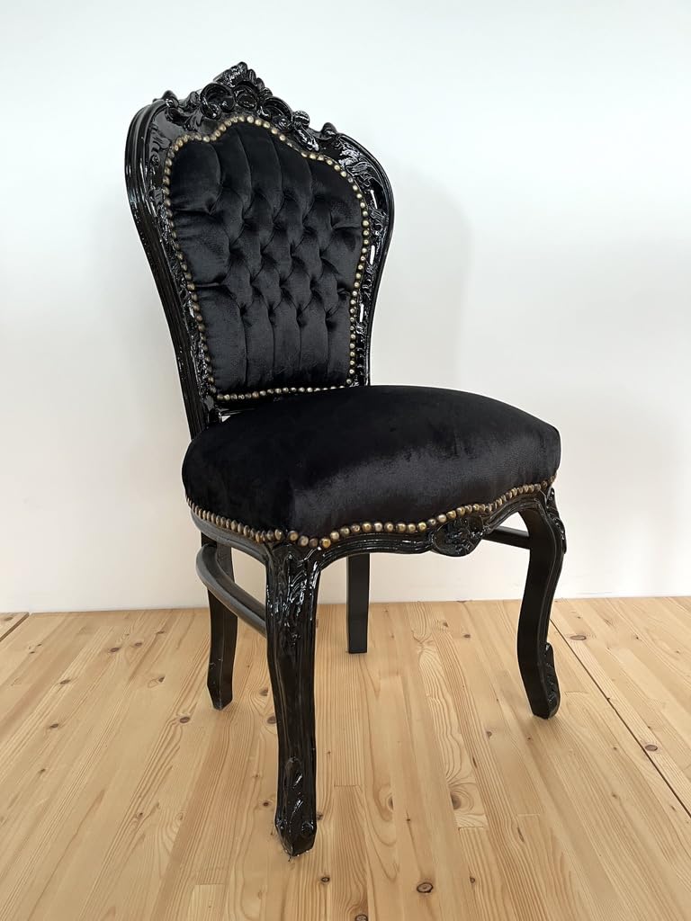 CasAmin Home & Living Chaise Accent Black Velvet French Louis XV Style Baroque Rococo Dining Antique Style Reproduction en Noir