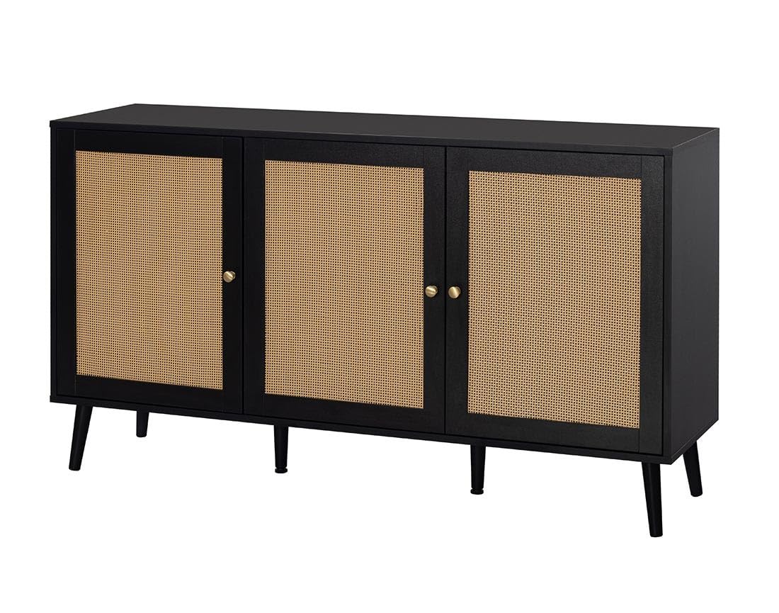 Bestmobilier Goto - Buffet Bas - Noir et cannage - 140 cm