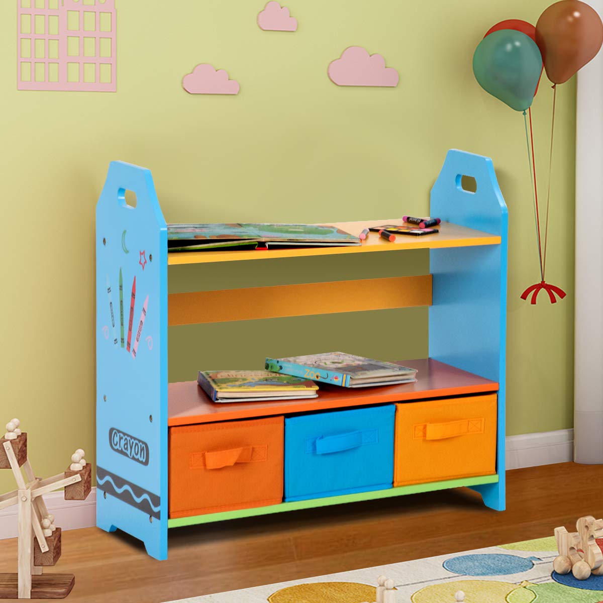 Costzon Crayon Themed 2Tier Kids Bookshelf with 3 Storage Bins
