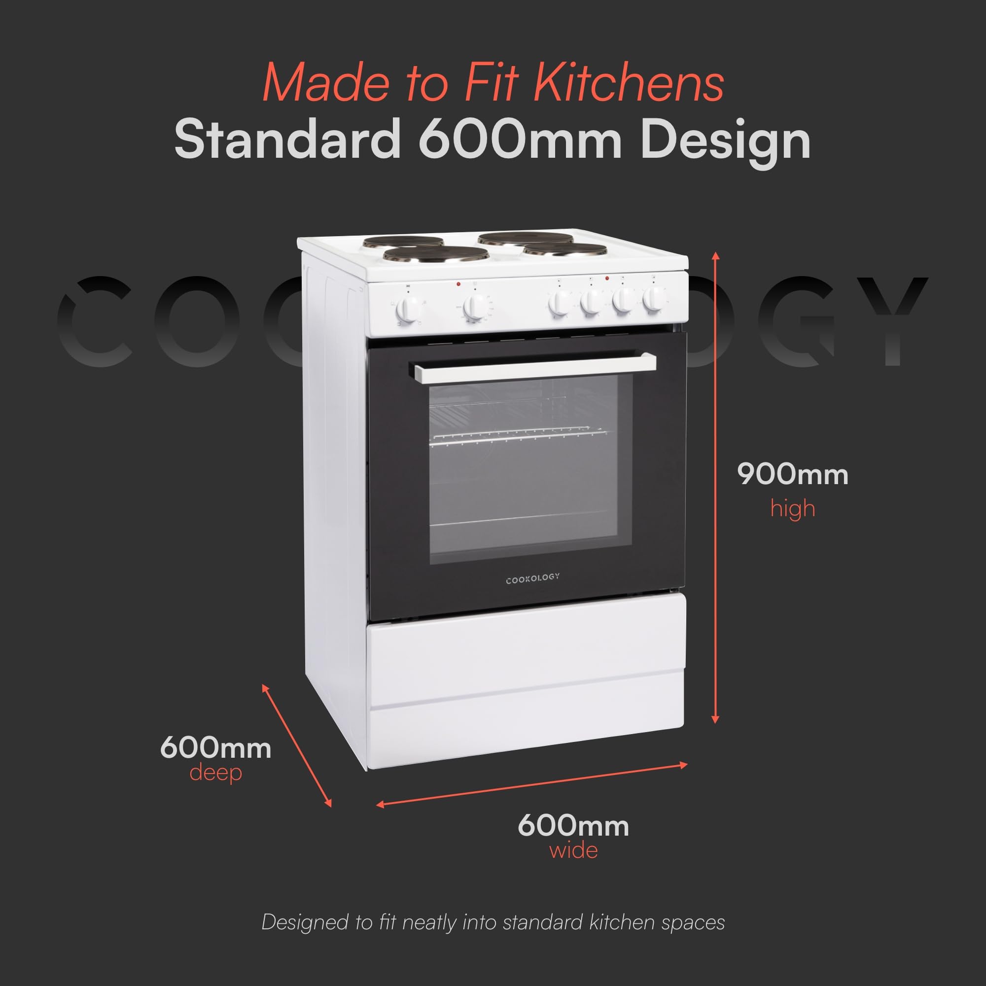 Cookology CFSP600WH 60cm Wide, 62 Litre Capacity Freestanding Electric Single Cooker with Solid Plate Top 4 Cooking Zone Hob and Analogue Dials – in White — view 4