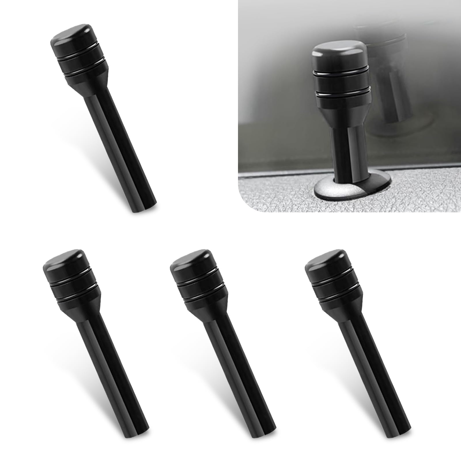 Pack-4 Car Door Lock Knob Cover, 1.92" x 0.47" Alloy Smooth Easy to Hold Personalized Eye-catching Decoration, Inner Door Pull Pin with Rubber Ring, Unviersal for Cars Accessories (Black)