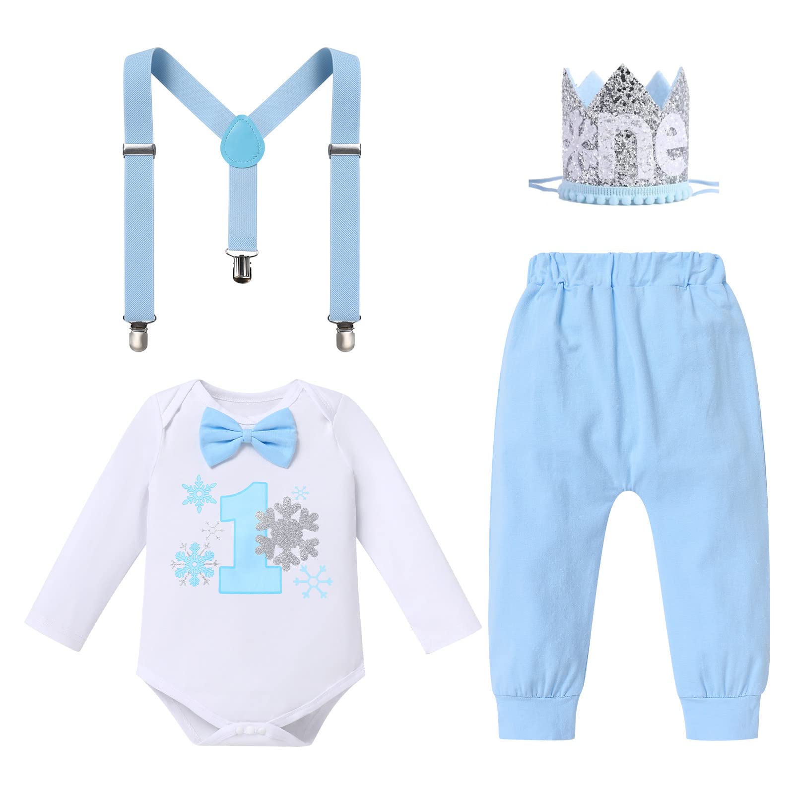 Baby Boys Christmas Snowflake 1st Birthday Cake Smash Outfit Long Sleeve Bowtie Romper Suspender Pants Crown Headband Baptism Christening Formal Party Winter Onederland Fall Clothes Blue 4PCS 1 Year