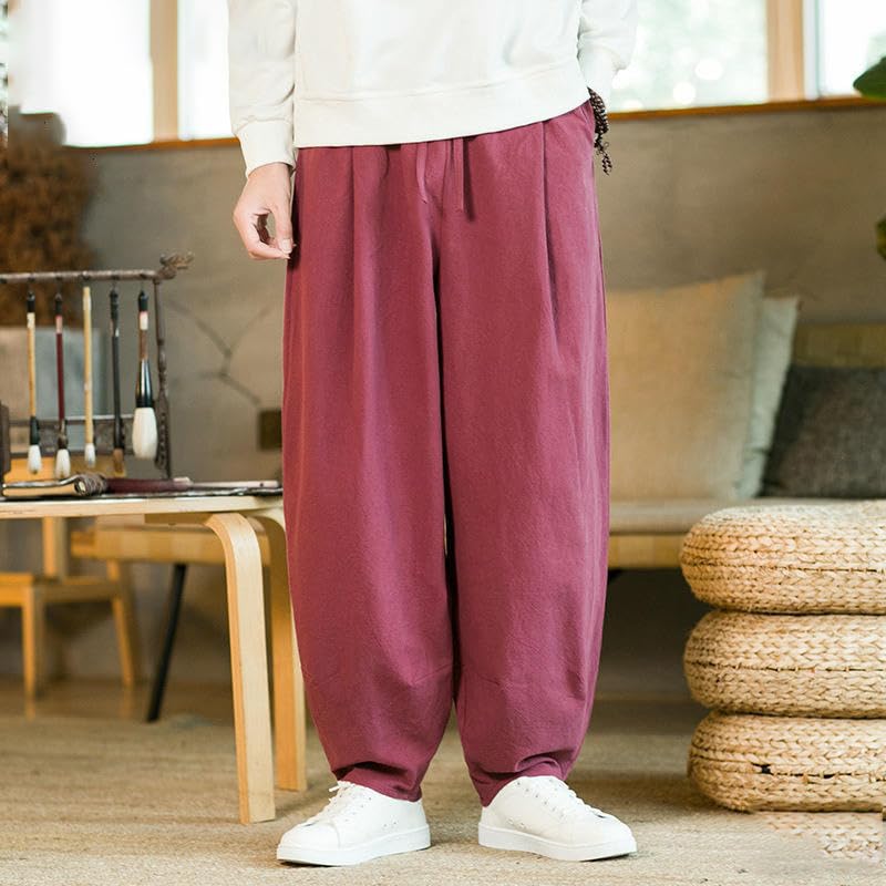 Men's Spring Autumn Chinese Style Tai Chi Practice Wide Leg Loose Lantern Cotton Linen Long Pants4