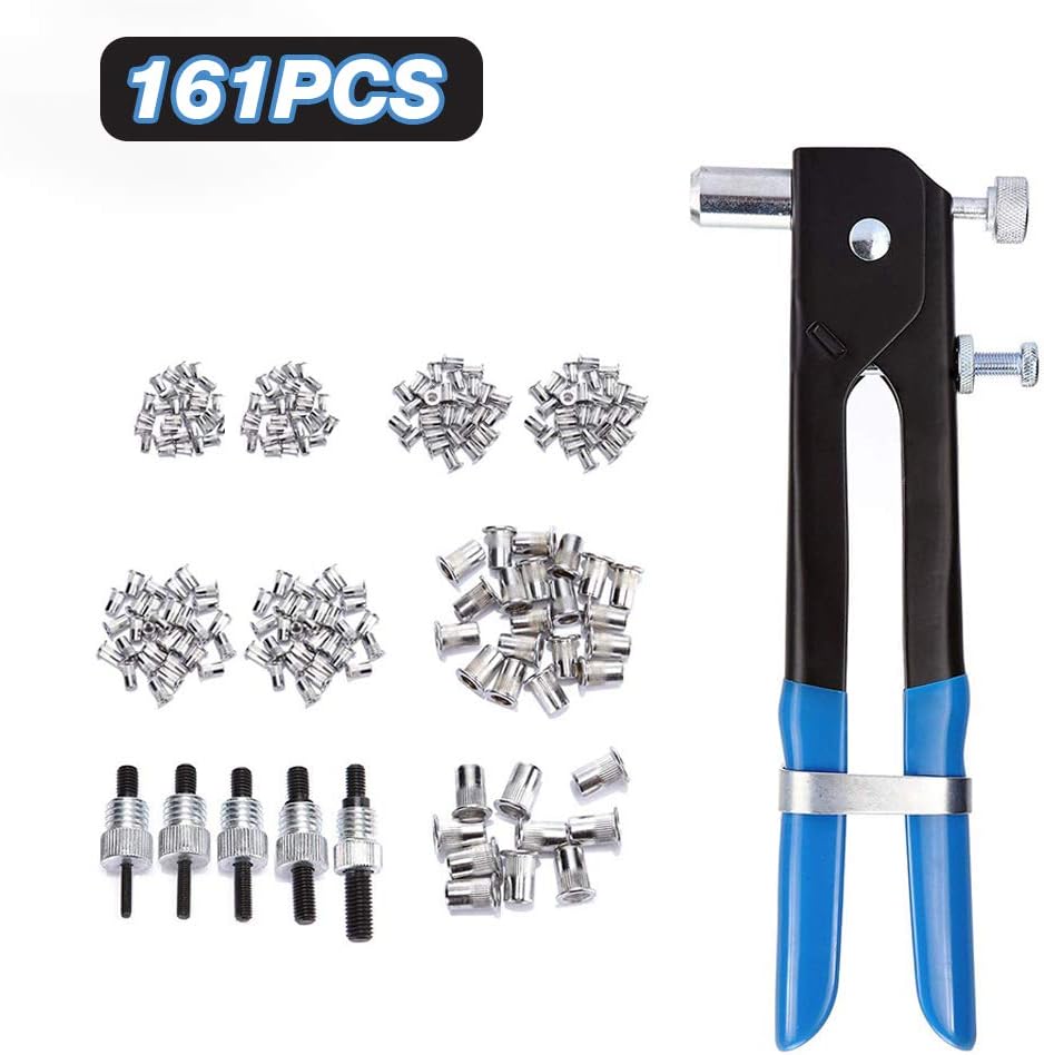 HANXIN Rivet Gun, 161 Pcs Rivet Nut, Hand Riveter, Heavy Duty Rivet Gun Riveter Kit, Wrench Threaded Insert Rivnut Included M3 M4 M5 M6 M8, Durable and Robust Steel and Aluminum Rivets Tool Set