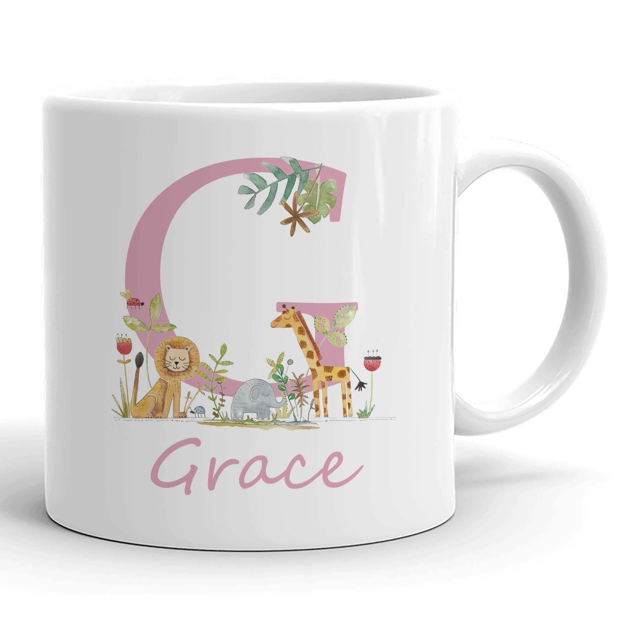 Tigerlilyprints Personalised Kids Plastic Mug with Name – Girls Unbreakable Beaker Cup 9cm – Custom Toddler Drinking Mug – Birthday, Easter Gift, Outdoor Cup for Children (Junglepink)