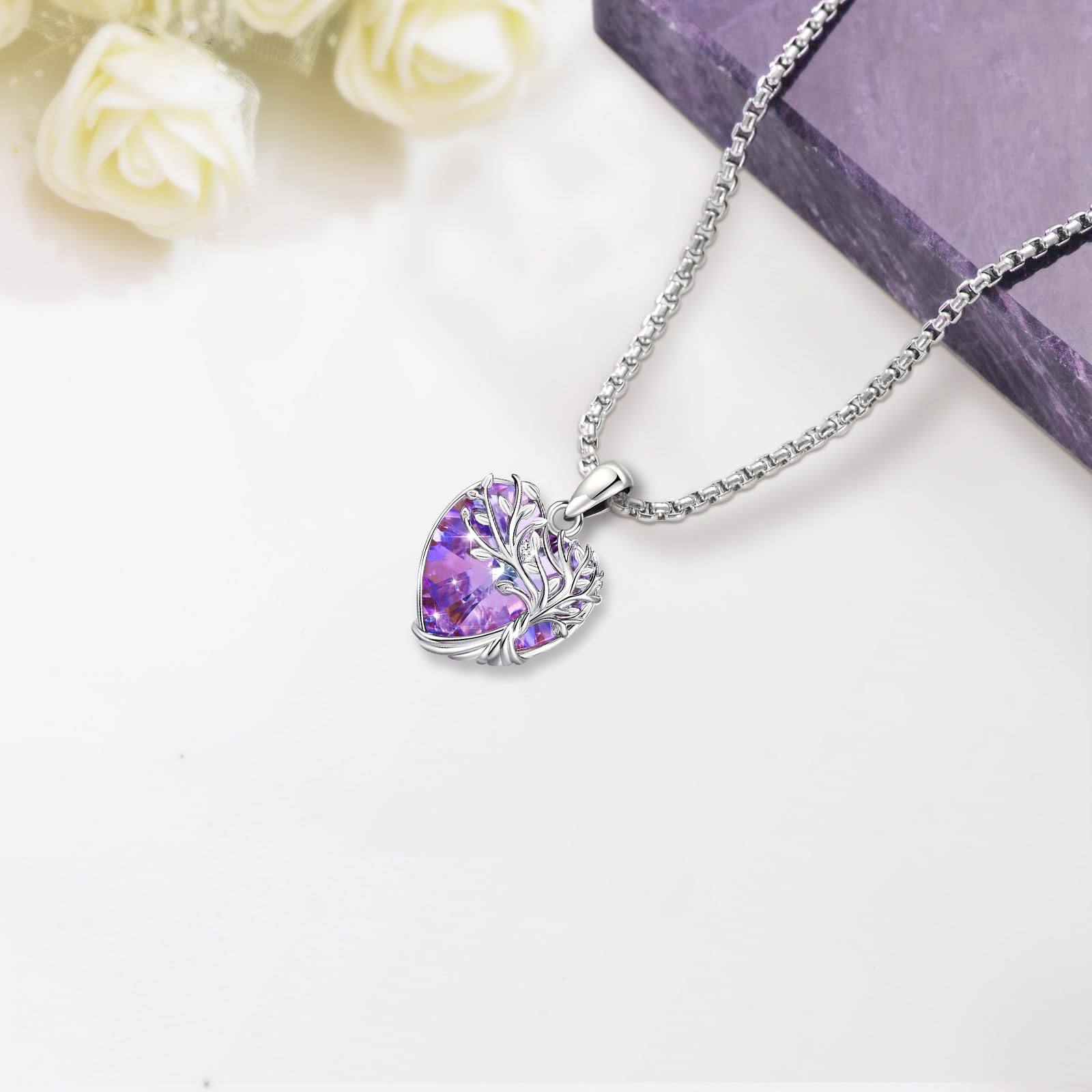 Eusense Collana Albero della Vita con Pietra di Luna, Ametista e Cristallo Blu Gioiello per Donna, Ciondolo Albero della Vita Regalo per Anniversario, Compleanno o San Valentino