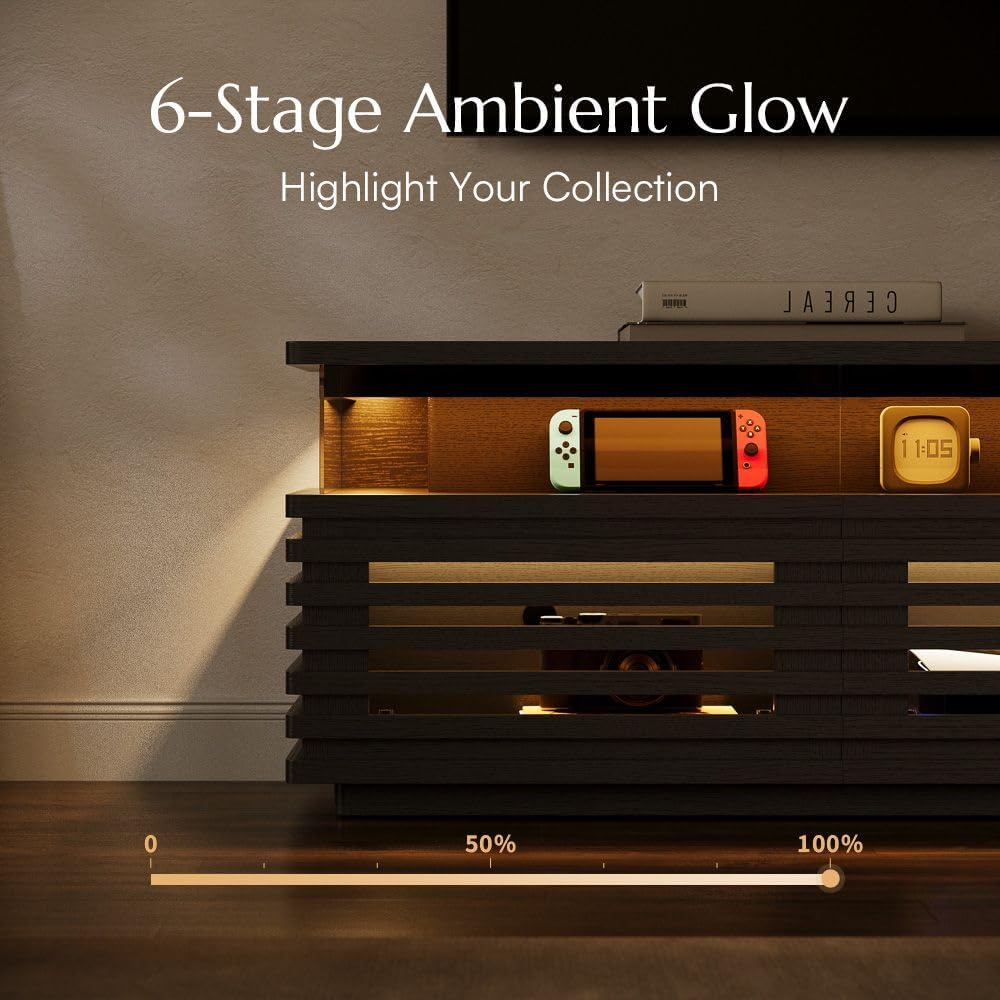 POVISON Fully Assembled Mid-Century Modern TV Stand, 71" Horizontal Slatted Media Console with Adjustable LED Lights, Ventilated Storage, Walnut Entertainment Center for Living Room