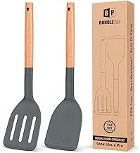 Set of 2 Silicone Cooking Spatulas, Heat Resistant Solid Turner, Non-Stick Slotted Spatula with Wooden Handle, Ideal Wooden Kitchen Utensils Set for Roasting, Baking, Flipping, Turning (Grey)