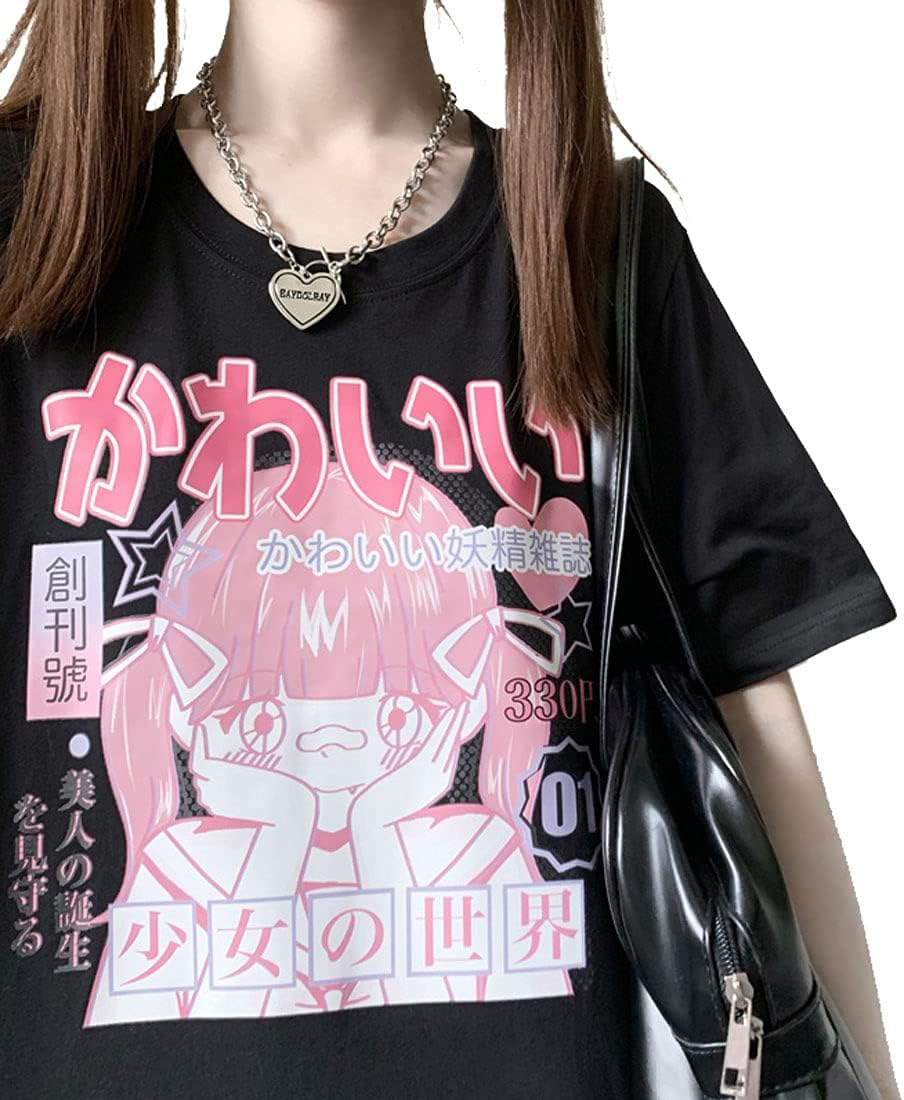 Size 2XL Pastel Goth Japanese Fashion Kawaii Clothes Soft Cotton Comic Print Girl's World T-Shirt