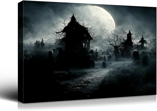 Miniatura 99 de Denozer Lienzo decorativo para pared de Halloween, castillo de terror de 32 x 24 pulgadas, decoración de pared de luna, decoración de otoño de Obra