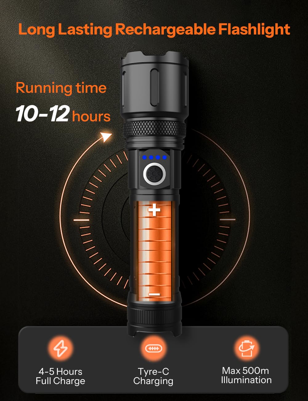 UN1QUE 20000 Lumens High Power Torch Light, Torch Rechargeable with 4 Light Modes, Adjustable Focus Flashlight, IP45 Water-Resistant, Black 4