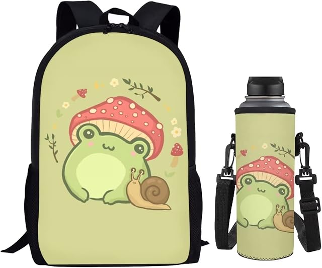 Belidome Frog Mushroom Kids Backpack Set Bottle Holder Bag for Primary Elementary School Girls