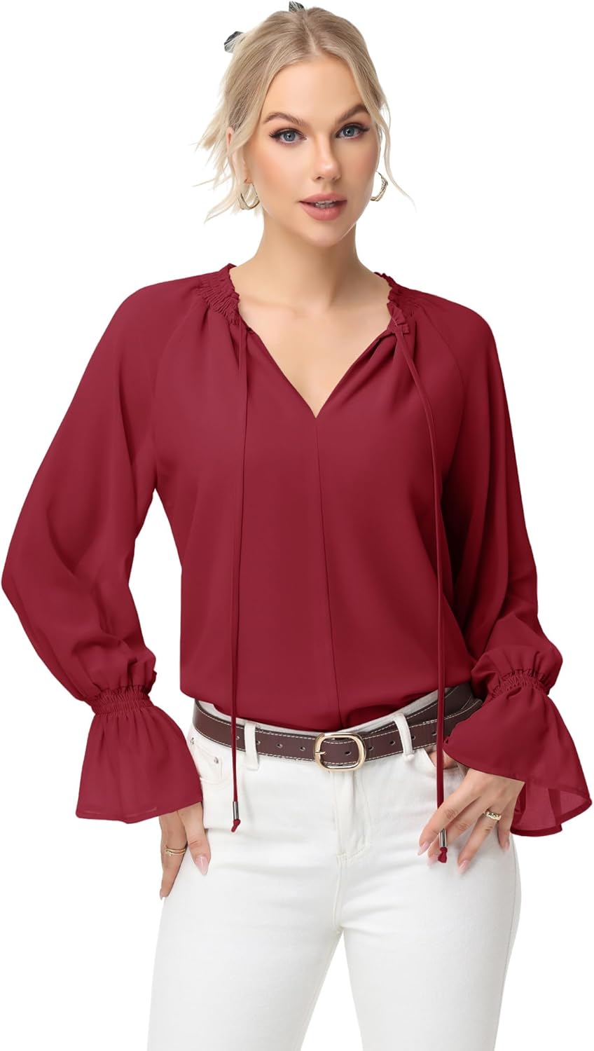 Anna-Kaci Women's Long Sleeve Blouse with Flounce Cuffs and Ruffle Trim Tie Neck Design Business Casual Top - Image 3