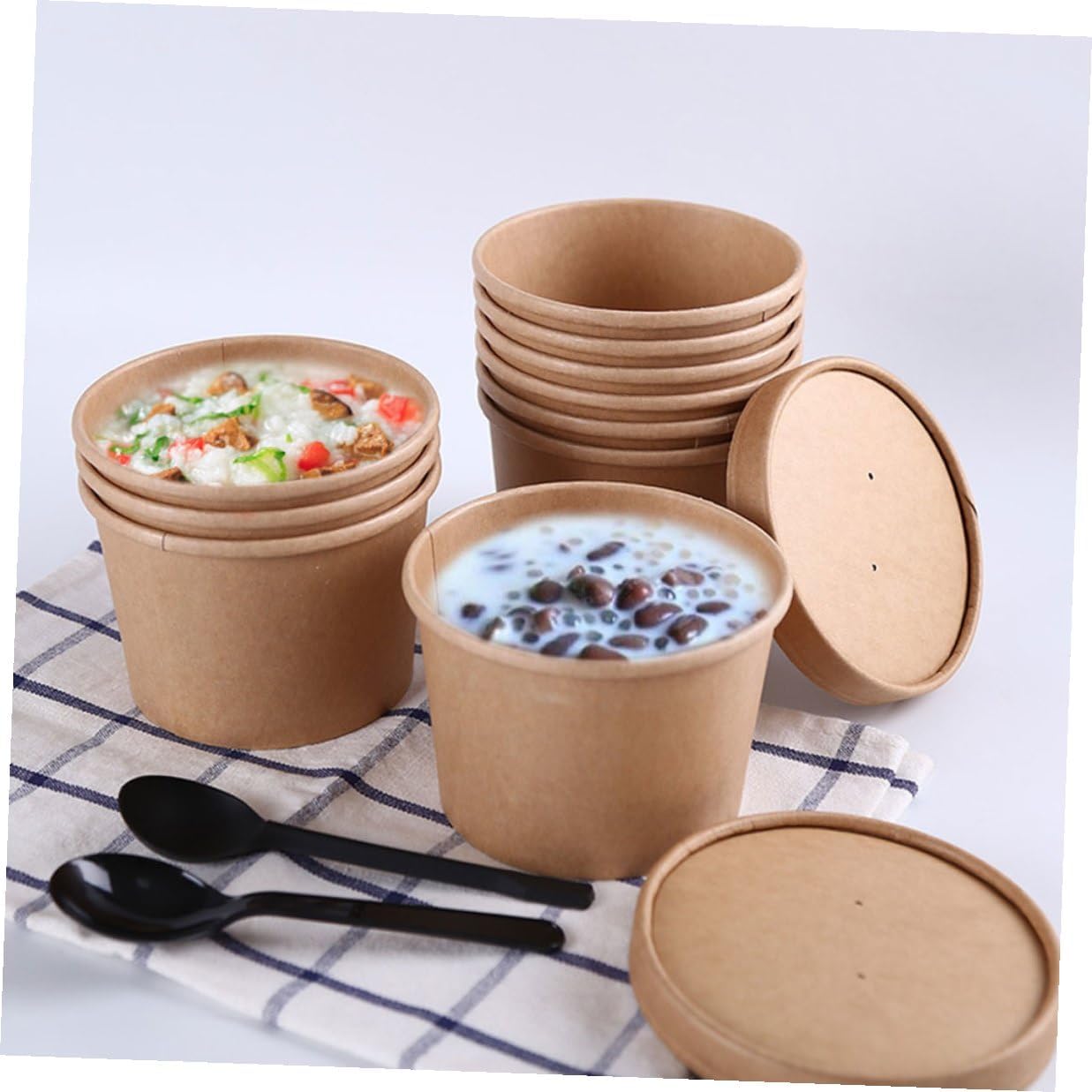 LALAFINA 50pcs Disposable Ice Cream Cups with Lids, 8oz Thick Kraft Paper Bowls, round Yogurt and Dessert Containers for Takeout and Food Service