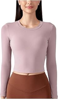 Twist-Back Crewneck Long Sleeve Shirts Women Tight Cropped Length Super Stretchy Workout Top Open Back Shirt