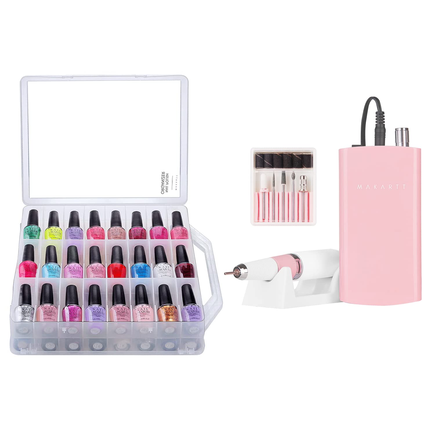 Makartt Nail Polish Organizer Clear Universal Nail Polish Holder for 48 Bottles Bundle with Rechargeable Nail Drill 30000RPM