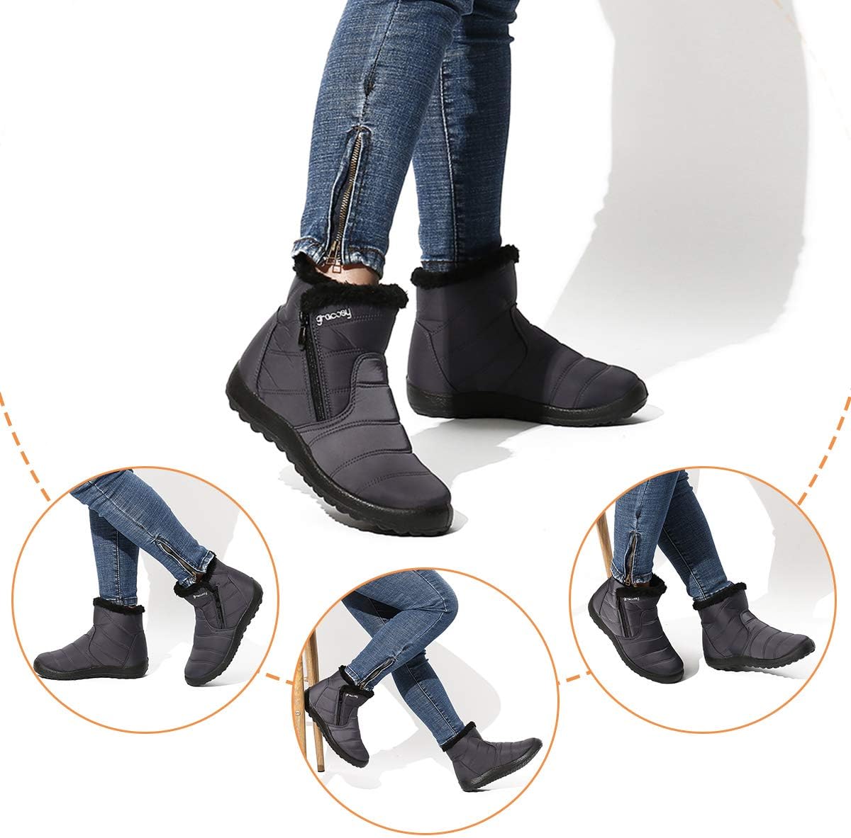 gracosy Warm Snow Boots, Women's Winter Ankle Bootie Anti-Slip Fur Lined Ankle Short Boots Waterproof Slip On Outdoor Shoes