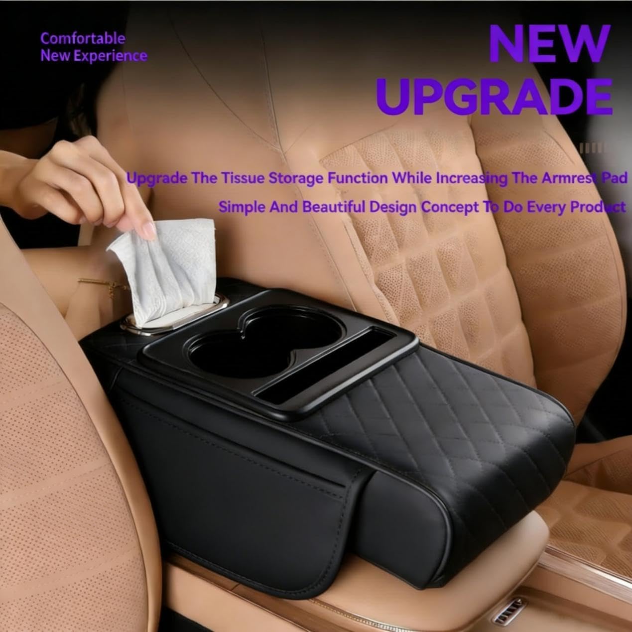 Multifunctional Pu Leather Car Armrest Box Mat,2026 New 5-in-1 Multifunctional Car Arm Rest Cover Pad with 2 Center Console Cup Holder,for Storing Tissues,Wallets,Drinks,for Most Cars (Black)