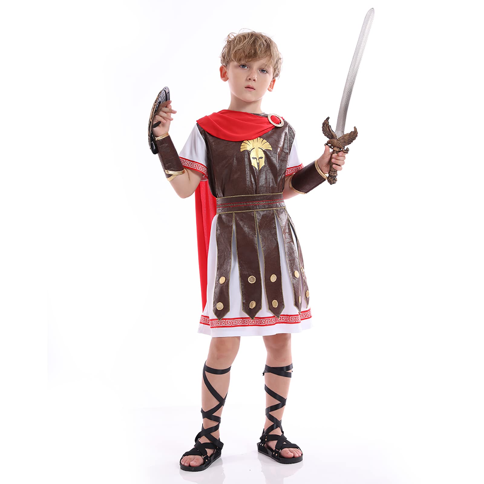 Roman Gladiator Costume Kids,Spartan Warriors Costumes For Child,Fearless Soldier Helmet with Red Cape outfit Boys,Khaki(M)
