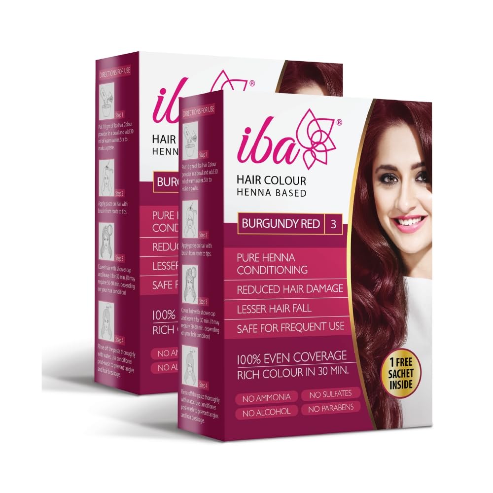 Iba Hair Colour for Women - Burgundy Red, 70g (Pack of 2) | 100% Pure Henna Based Powder Sachet | Natural Hair Colour & Long Lasting with Conditioning Formula | Reduced Hair Fall & Hair Damage | Shine & Nourish Hair | Free from Ammonia and Other Harmful chemicals | Herbal Hair powder for Hair Color | Burgundy Red Henna