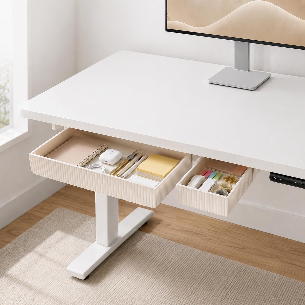 YOOUSOO Under Desk Drawer Organizer, 2 Pack Self Adhesive Slide Out Desk Storage Drawers, Hidden Desk Drawer Attachment for Pens, Notes, Earbuds, Cables and Small Office Accessories, White