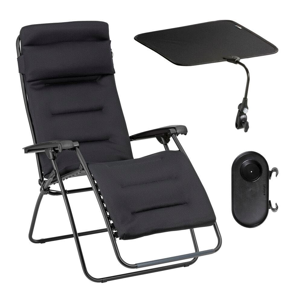 Lafuma Ensemble Fauteuil Relax Transat Jardin - Chaise Longue Matelassé avec Ombrelle Et Porte-​gobelet - Rsx Clip - Aircomfort® - Noir Acier Mobilier