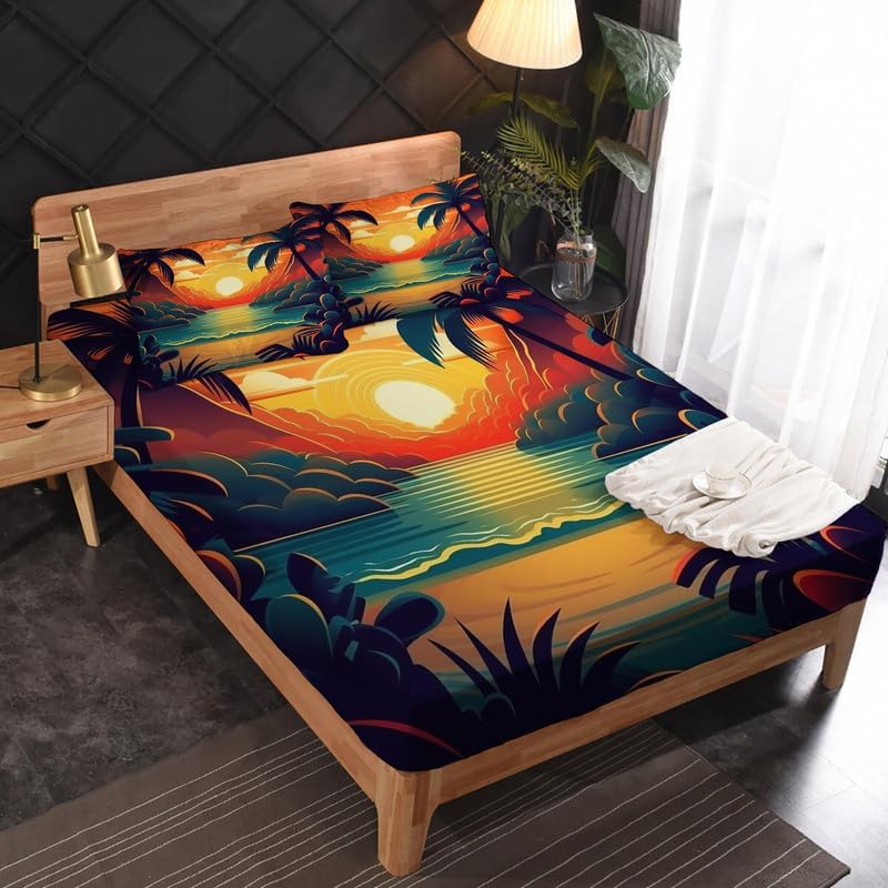 Miniatura 9 de Juego de sábanas de tamaño King  Sábanas de cama con temática de playa, sábanas y fundas de almohada, microfibra suave, bolsillo profundo y sin