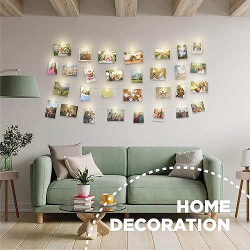 Miniatura 5 de Cadena de luces con clip para fotos (16.4 ft, 50 LED, 30 clavijas), funciona con pilas, luz de hadas colgante para dormitorio