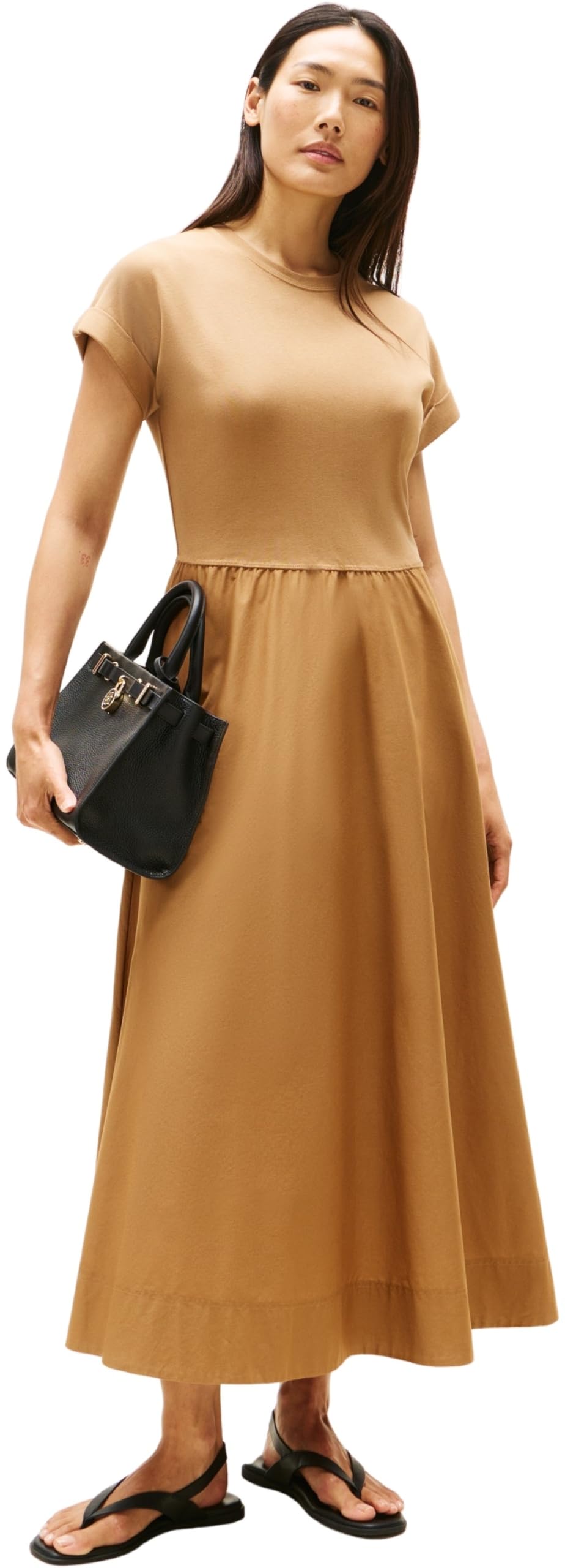 Tommy Hilfiger Women’s Modern Cody Mix Fit & Flare Midi T-Shirt Dress, Brown (Hickory), XS