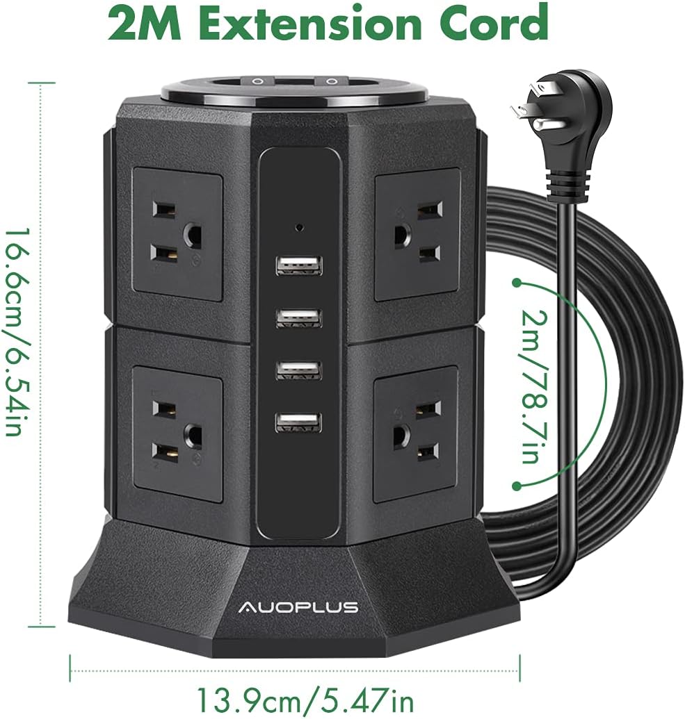 Power Strip Tower Surge Protector with USB, AUOPLUS Desktop Charging Station, 6.6 Ft Extension Cord, 8 Outlets with 4 USB Ports[1050J/1250W/10A], Overload Protection for Home Office Dorm