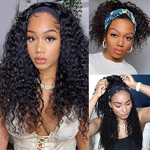 Deep Wave Headband Wigs Brazilian Deep Curly Headband Wigs Half Wigs Human Hair Band Wigs for Black Women Glueless None Lace Front Machine Made Wigs Easy Wear Wigs Natural Color 150% Density (12 inch)